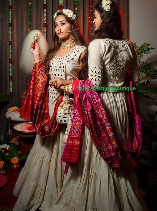 White Thread Embroidered Lehenga Choli Dupatta Custom Stiched Readymade Mirror Lengha Wedding wear Designer wear Bridal Lehenga Patola suit