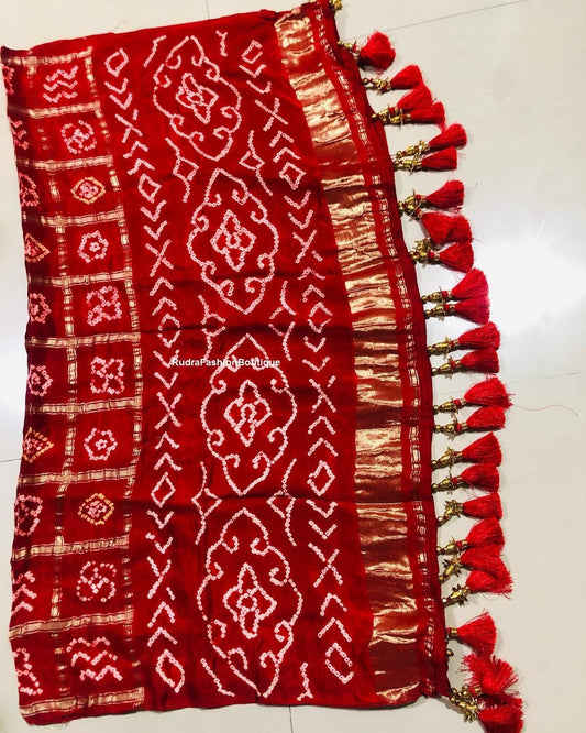 Red Pure Gajji Silk Bandhani Saree Red Gharchola Silk Saree Checks Bandhej sari with blouse Red Sari Red blouse Indian Traditional wear sari