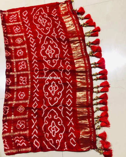 Red Pure Gajji Silk Bandhani Saree Red Gharchola Silk Saree Checks Bandhej sari with blouse Red Sari Red blouse Indian Traditional wear sari