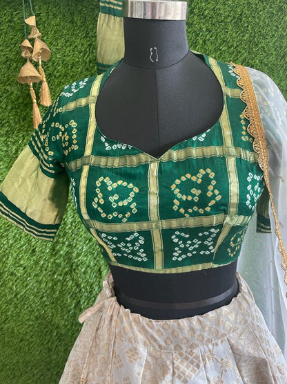Green Bandhni Silk Pure Georgette hand Embroidered Lucknowi Chikan Lehenga Indian Handmade Chikankari Dyable Premium lehenga Lenga for women