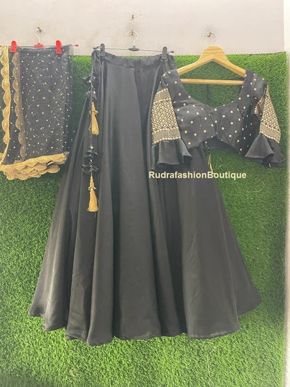 Black Lehenga choli dupatta Indian Designer lengha Custom Stiched made to order for women exclusive wedding party wear Designer choli suit