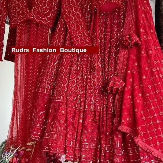 Red Thread Embroidered Lehenga Choli Dupatta Custom Stiched Readymade Chikan Lengha Wedding wear Designer wear Bridal Lehenga Indian suit