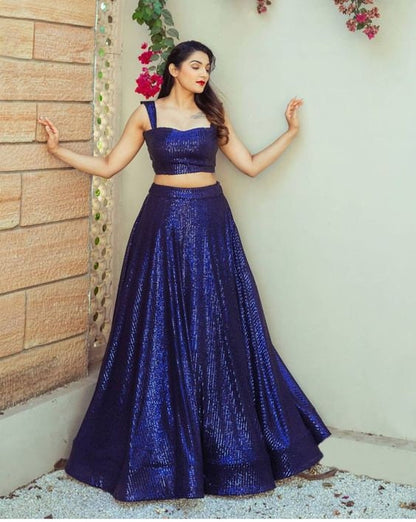 Blue designer gown lengha lehenga Indian ethnic traditional wear Indian Suit Chania choli Party wear Sequence dress Wedding wear Function 1