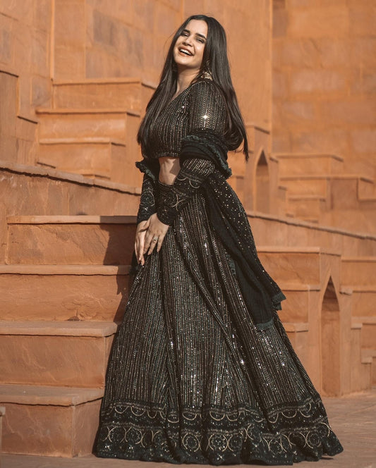 Black designer gown lengha lehenga Indian ethnic traditional wear Indian Suit Chania choli Party wear sequence dress Wedding wear Function 1