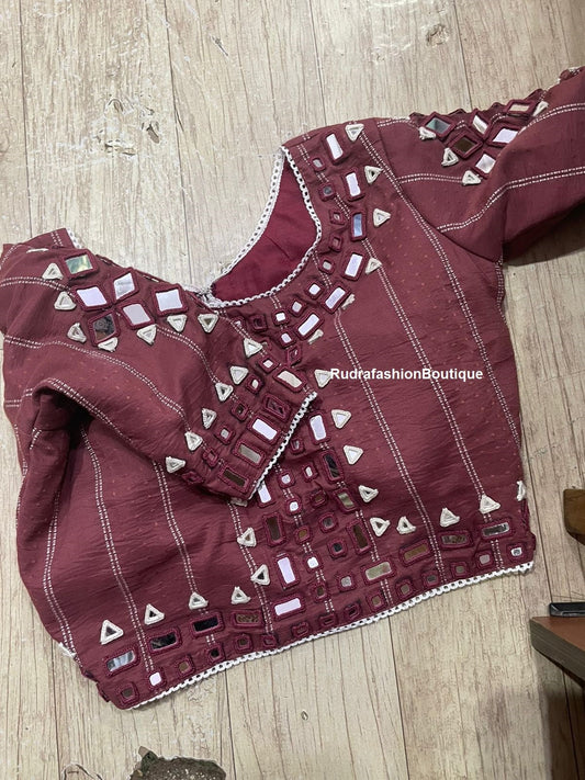 Readymade saree blouse for women party wear blouses Fancy Mirror work blouse Maroon Blouse Choli Blouse for lehenga Bollywood sari Crop top