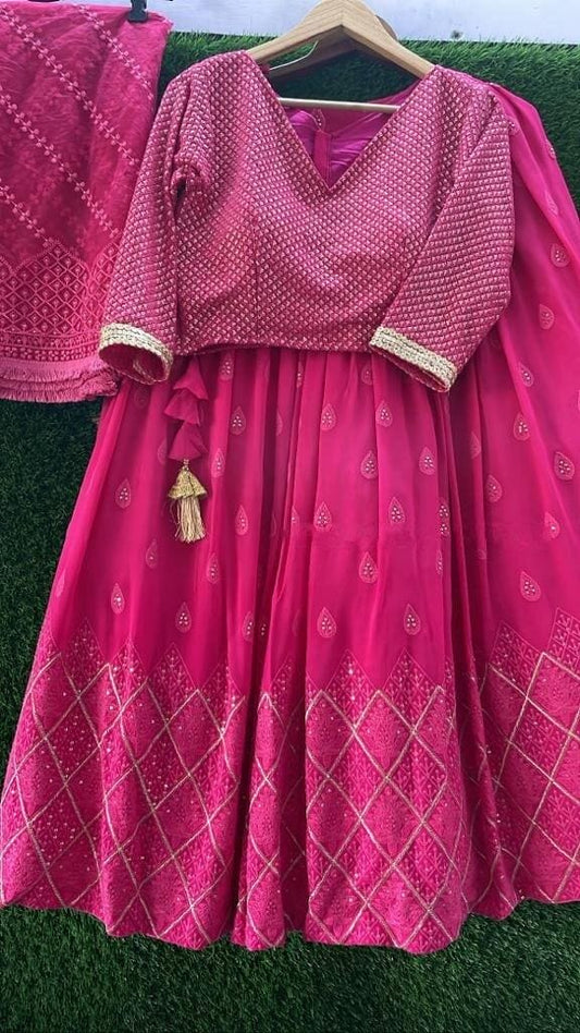 Hot Pink Chikankari Pure Georgette hand Embroidered Lucknowi Cikan Lehenga Indian Handmade Chikankari Dyable Premium lehenga Lenga for women