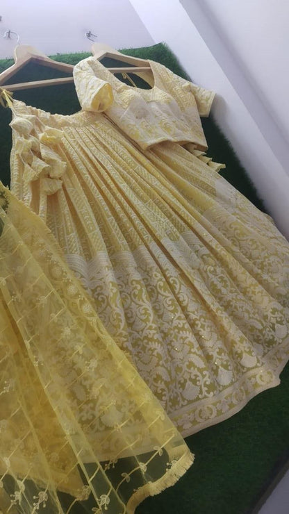 Wedding Party wear Indian Designer yellow Lehenga choli Dupatta for girls and women custom Stiched Lengha blouse Embroidered thread sari 1