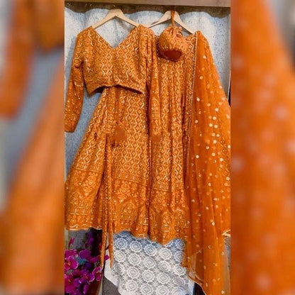 Wedding Party wear Indian Designer Orange Lehenga choli Dupatta for girls and women custom Stiched Lengha blouse Embroidered thread sari