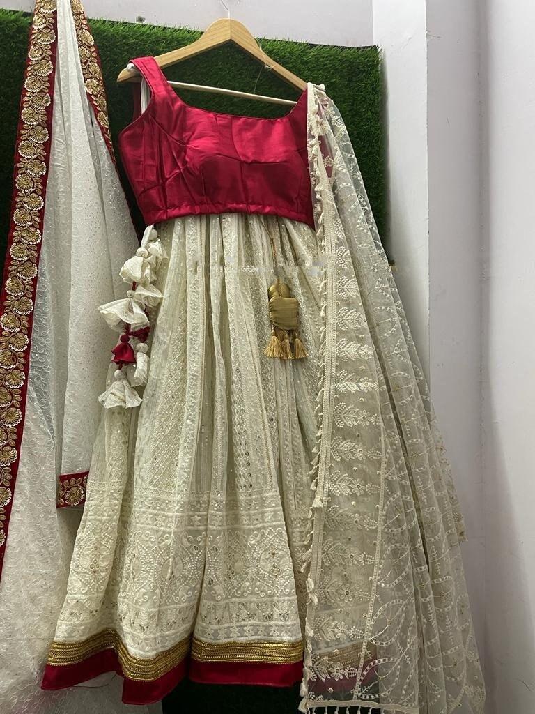 Wedding Party wear Indian Designer ivory Lehenga choli Dupatta for girls and women custom Stiched Lengha blouse Embroidered thread sari 1