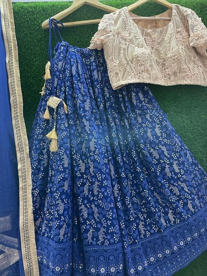 Wedding Party wear Indian Designer Blue Lehenga choli Dupatta for girls and women custom Stiched Lengha blouse Embroidered thread sari 1